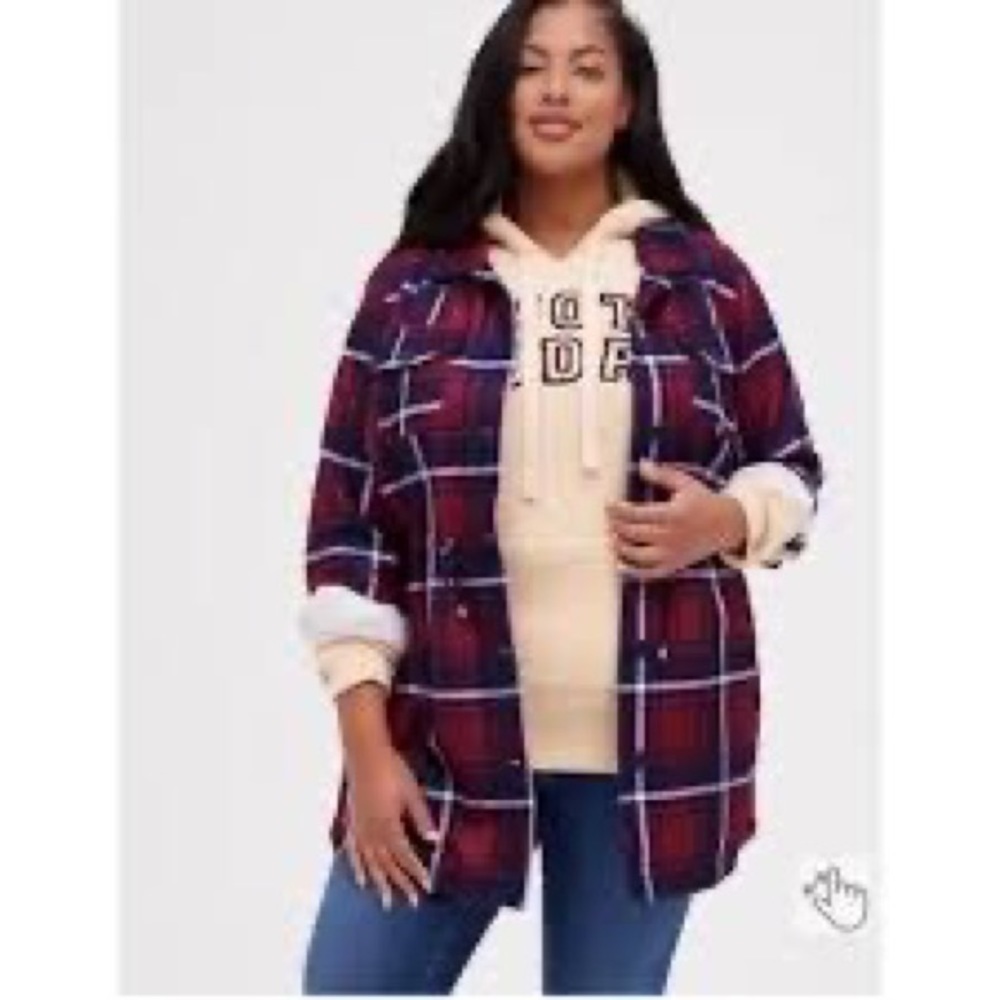 Torrid Plaid Flannel Shacket Button Up Pockets Cinched Waist Berry 4X Cabincore